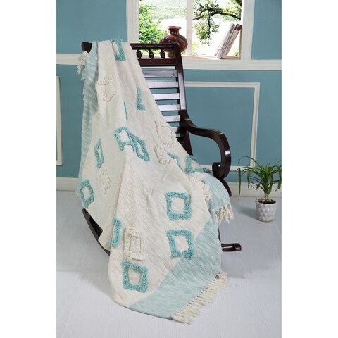 Diamond Skies Blue & Ivory Fringed Cotton Throw Blanket
