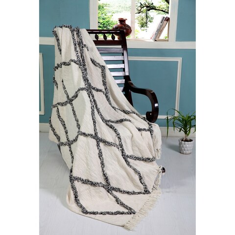 Crossed Over Charcoal and Ivory Fringed Cotton Throw Blanket