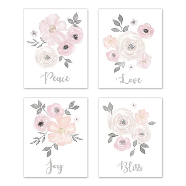 Sweet Jojo Designs Blush Pink & Grey Love Peace Joy Bliss Watercolor Floral Collection Wall Decor Art Prints (Set of 4)