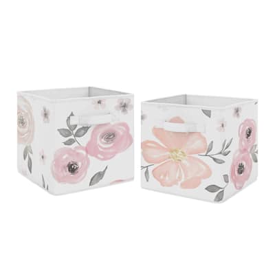 Sweet Jojo Designs Pink and Grey Watercolor Floral Collection Foldable Fabric Storage Cube Bins Boxes (Set of 2)