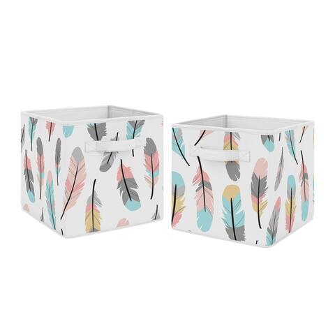 Sweet Jojo Designs Turquoise and Coral Boho Feather Collection Foldable Fabric Storage Cube Bins Boxes (Set of 2)