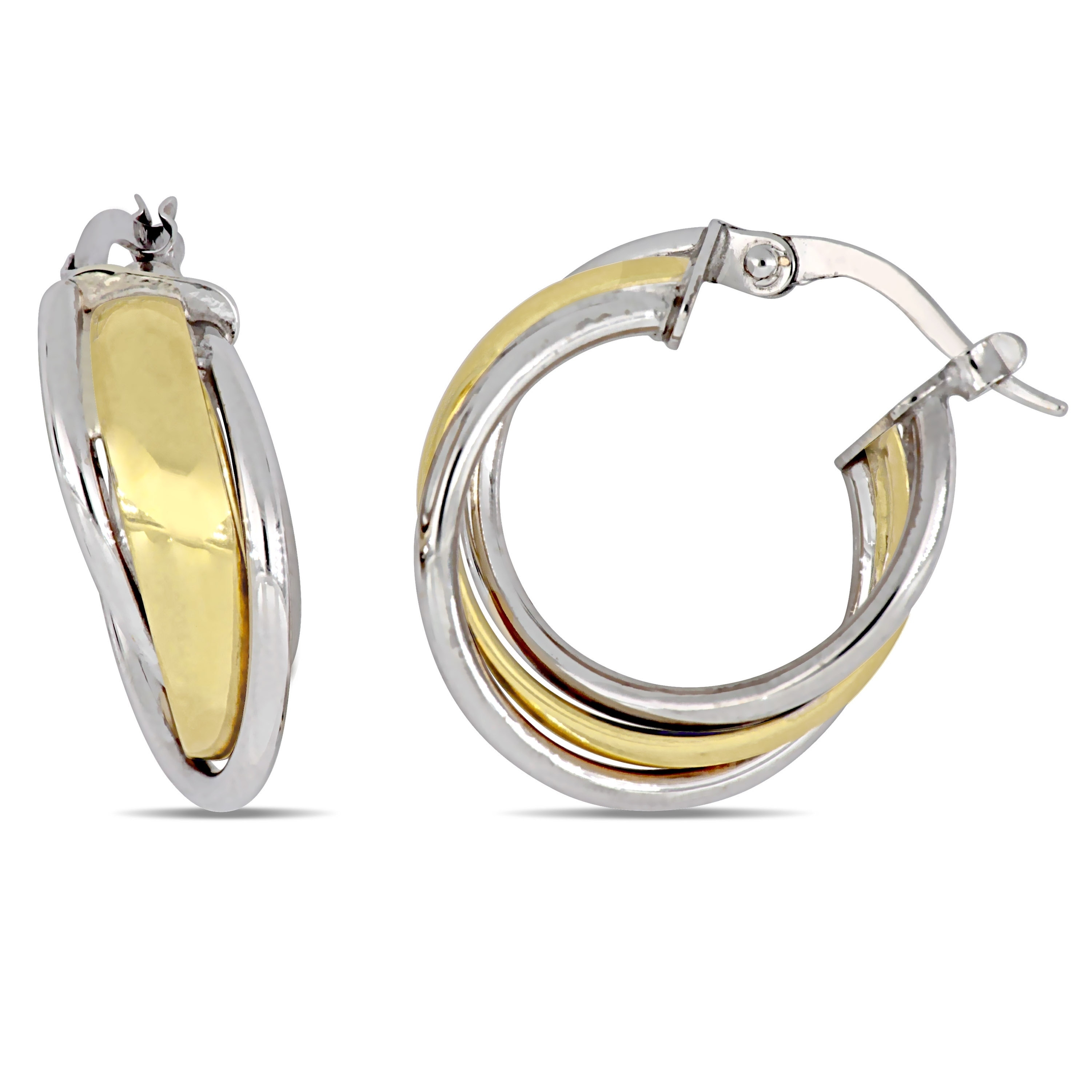 New 14K Solid Real Yellow & White Gold Two-Tone Textured Twisted Hoop Earrings 