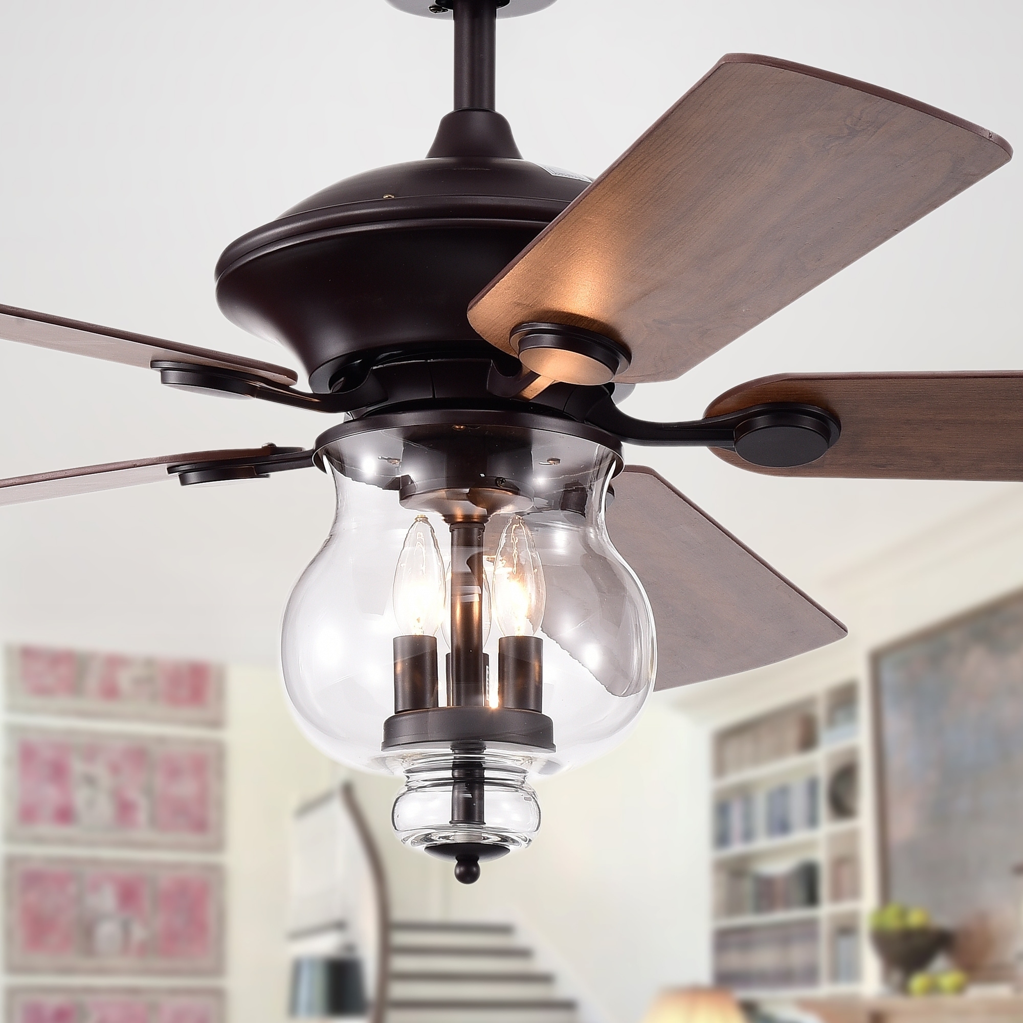 Topher 52 Inch 5 Blade Antique Bronze Lighted Ceiling Fans With Clear Glass Shade Optional Remote Control