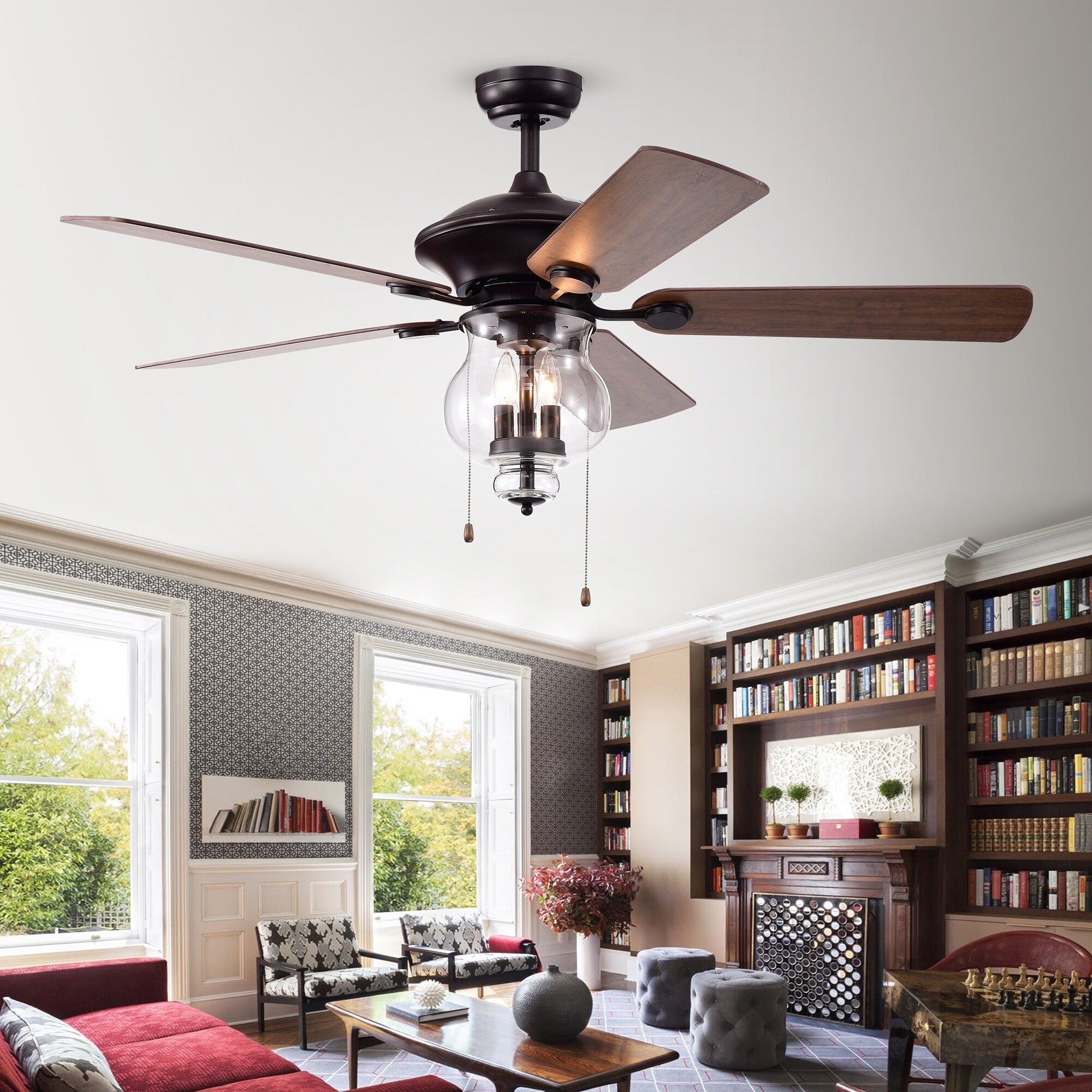 Topher 52 Inch 5 Blade Antique Bronze Lighted Ceiling Fans With Clear Glass Shade Optional Remote Control