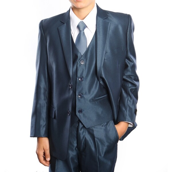 Boys Suit Blue Sharkskin Ticket Pocket 5 Pieces Classic Fit Suits