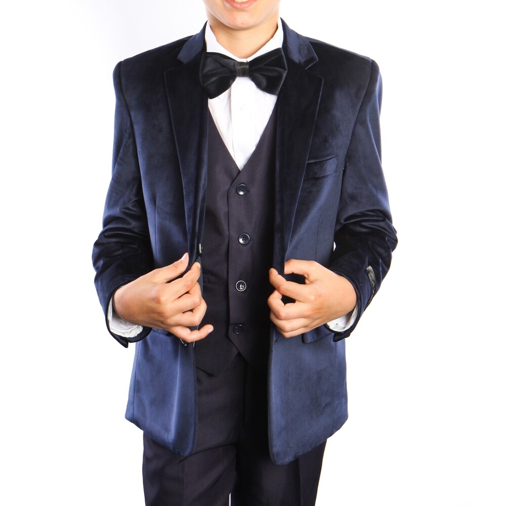 Boys 5 Piece Navy Blue Velvet Suit with Shirt and Tie Age 14 Years