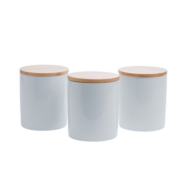 Set of 3 Bamboo & Ceramic Canister Set - White - On Sale - Overstock ...