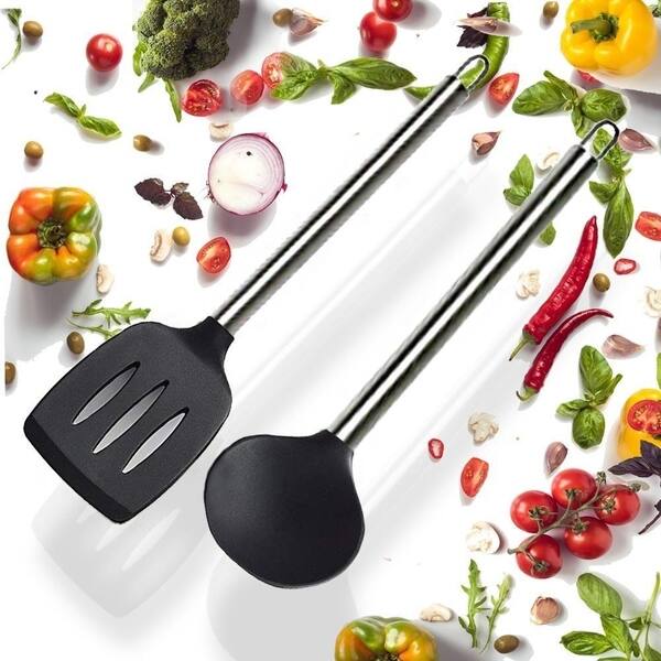 Nutrichef 10 PCS. Silicone Heat Resistant Kitchen Cooking Utensils Set - Non-Stick Baking Tools with PP Holder (Gray & Black)