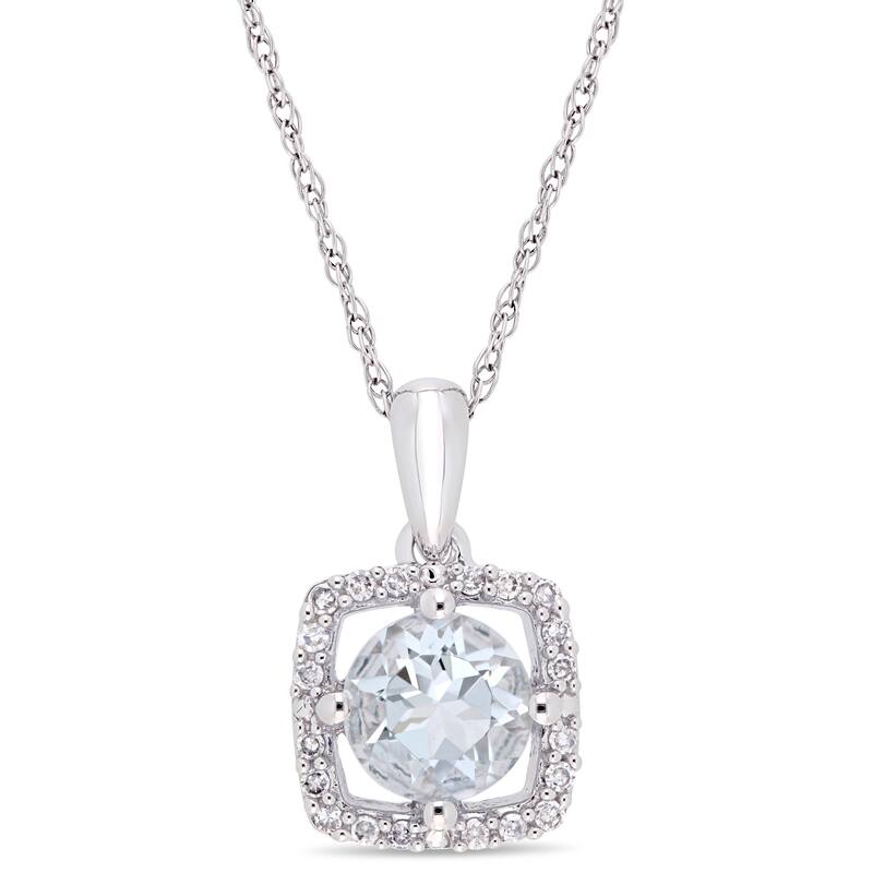 Miadora 10k White Gold Aquamarine 1/10ct TDW Diamond Floating Square Halo Necklace