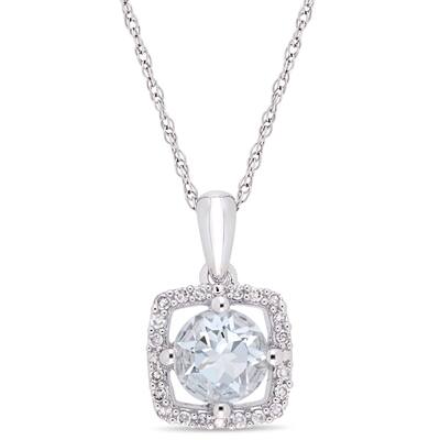 Miadora 10k White Gold Aquamarine 1/10ct TDW Diamond Floating Square Halo Necklace