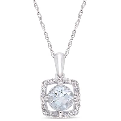 Miadora 10k White Gold Aquamarine 1/10ct TDW Diamond Floating Square Halo Necklace