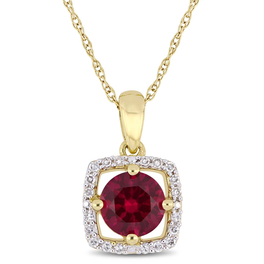 Miadora 10k Yellow Gold Created Ruby 1/10ct TDW Diamond Floating Square Halo Necklace