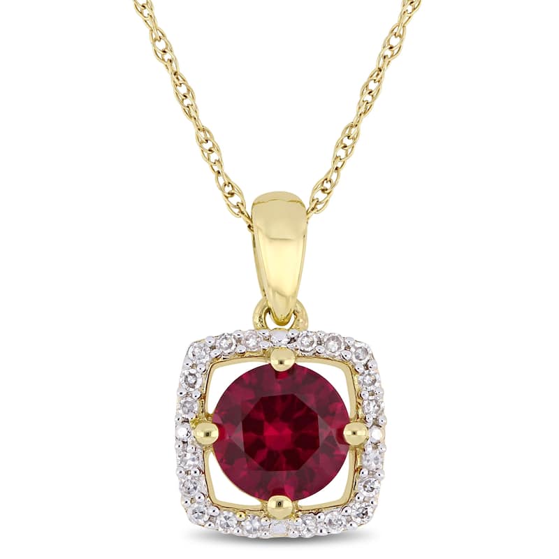 Miadora 10k Yellow Gold Created Ruby 1/10ct TDW Diamond Floating Square Halo Necklace