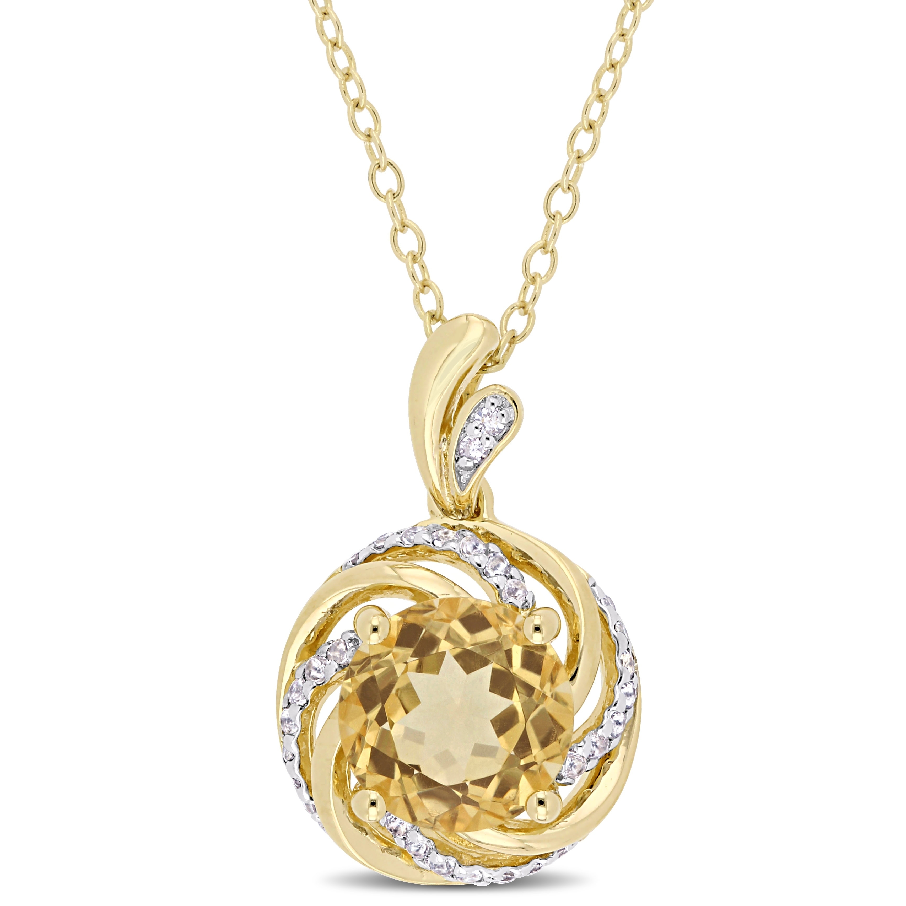Miadora Yellow Plated Sterling Silver Citrine White Topaz Diamond Swirl Halo Necklace