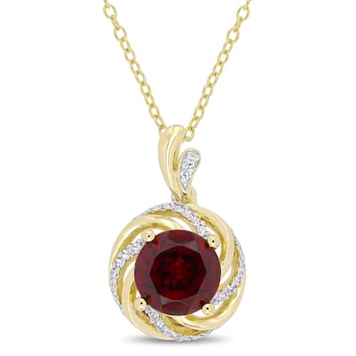 Miadora Yellow Plated Sterling Silver Garnet White Topaz Diamond Swirl Halo Necklace