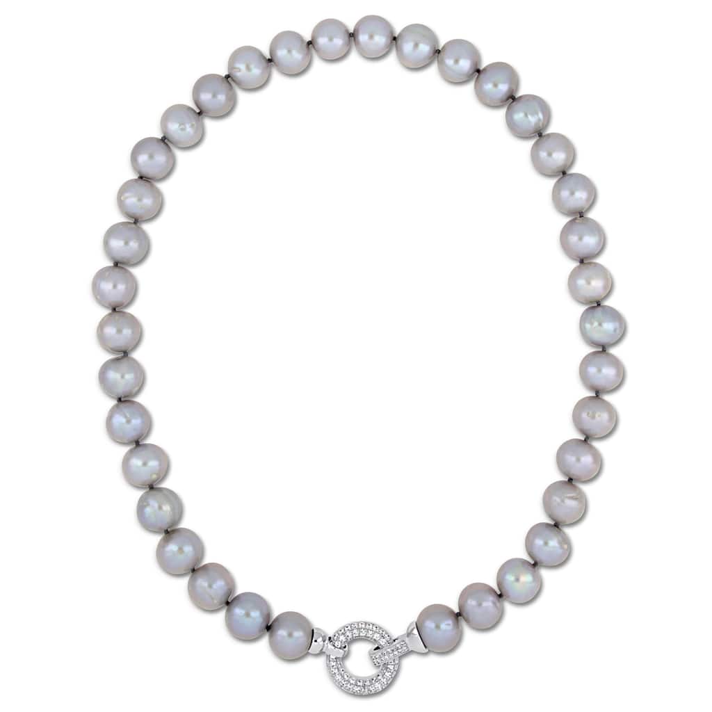 Miadora Sterling Silver Grey Cultured Freshwater Pearl Necklace with CZ Clasp (12-13mm)