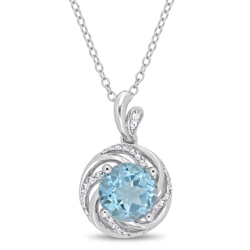 Miadora Sterling Silver Sky-Blue Topaz White Topaz Diamond Swirl Halo Necklace
