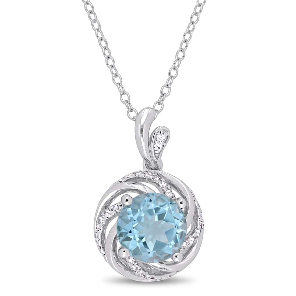 Miadora Sterling Silver Sky-Blue Topaz White Topaz Diamond Swirl Halo Necklace