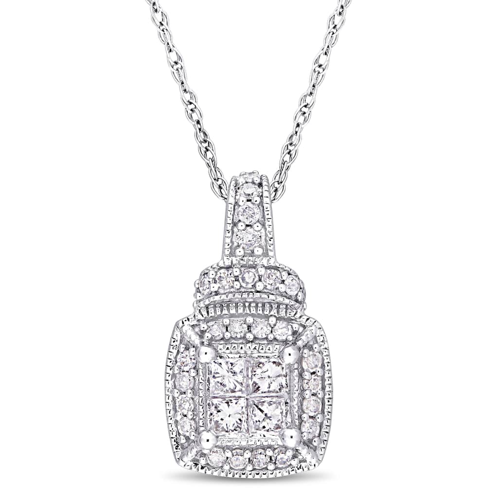 Miadora Sterling Silver 1/3ct TDW Diamond Quad Halo Drop Necklace