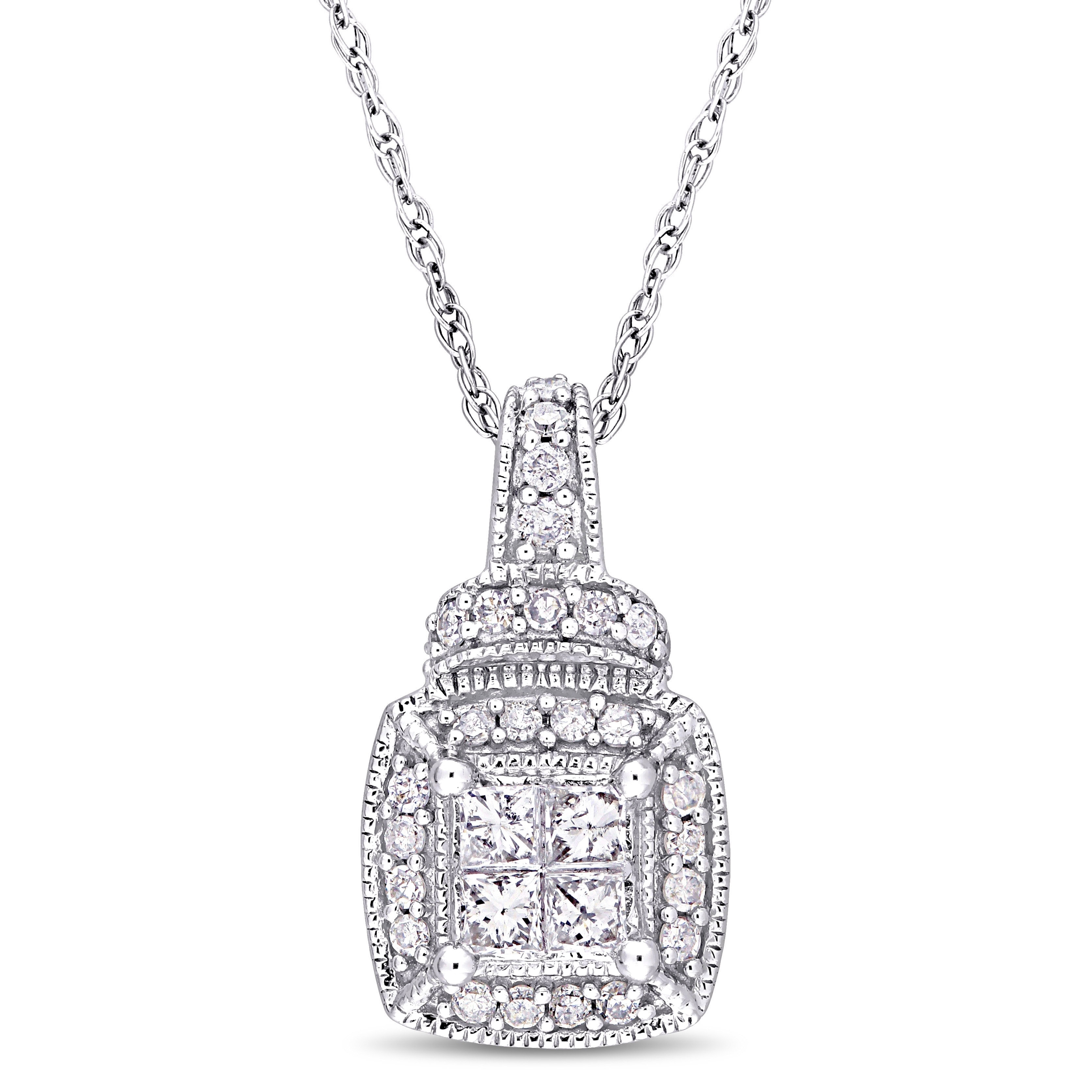 Miadora Sterling Silver 1/3ct TDW Diamond Quad Halo Drop Necklace