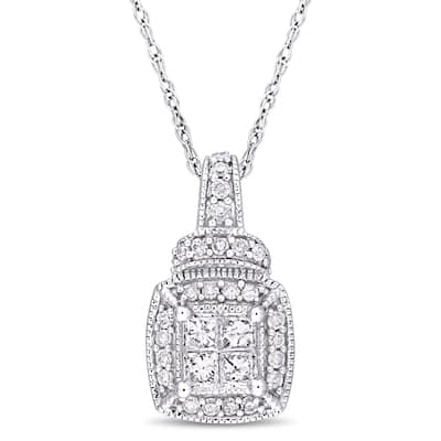 Miadora Sterling Silver 1/3ct TDW Diamond Quad Halo Drop Necklace