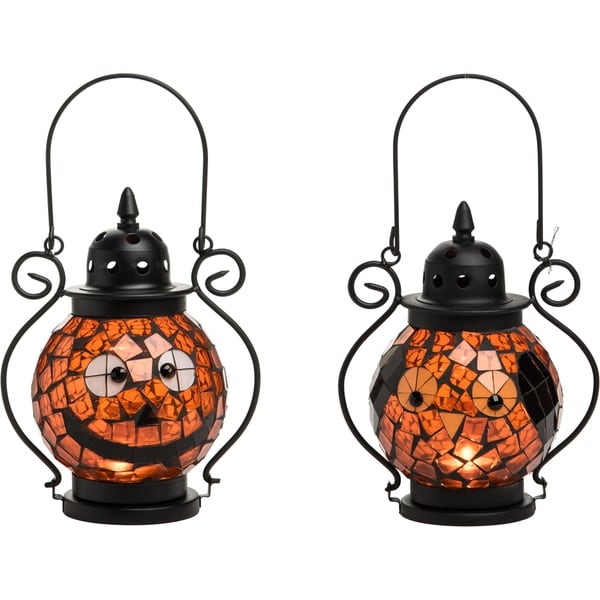 Mosaic Glass Jack-O-Lantern Candleholder Set of 2