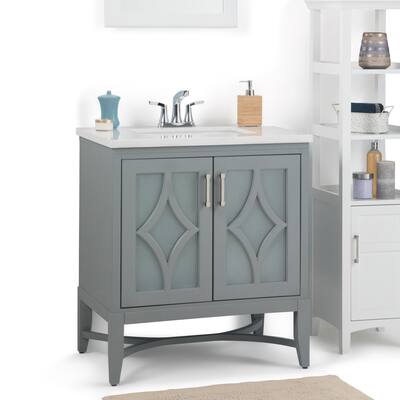 WYNDENHALL Henry 30 inch Contemporary Bath Vanity in Stone Grey with Carrara White Engineered Marble Extra Thick Top