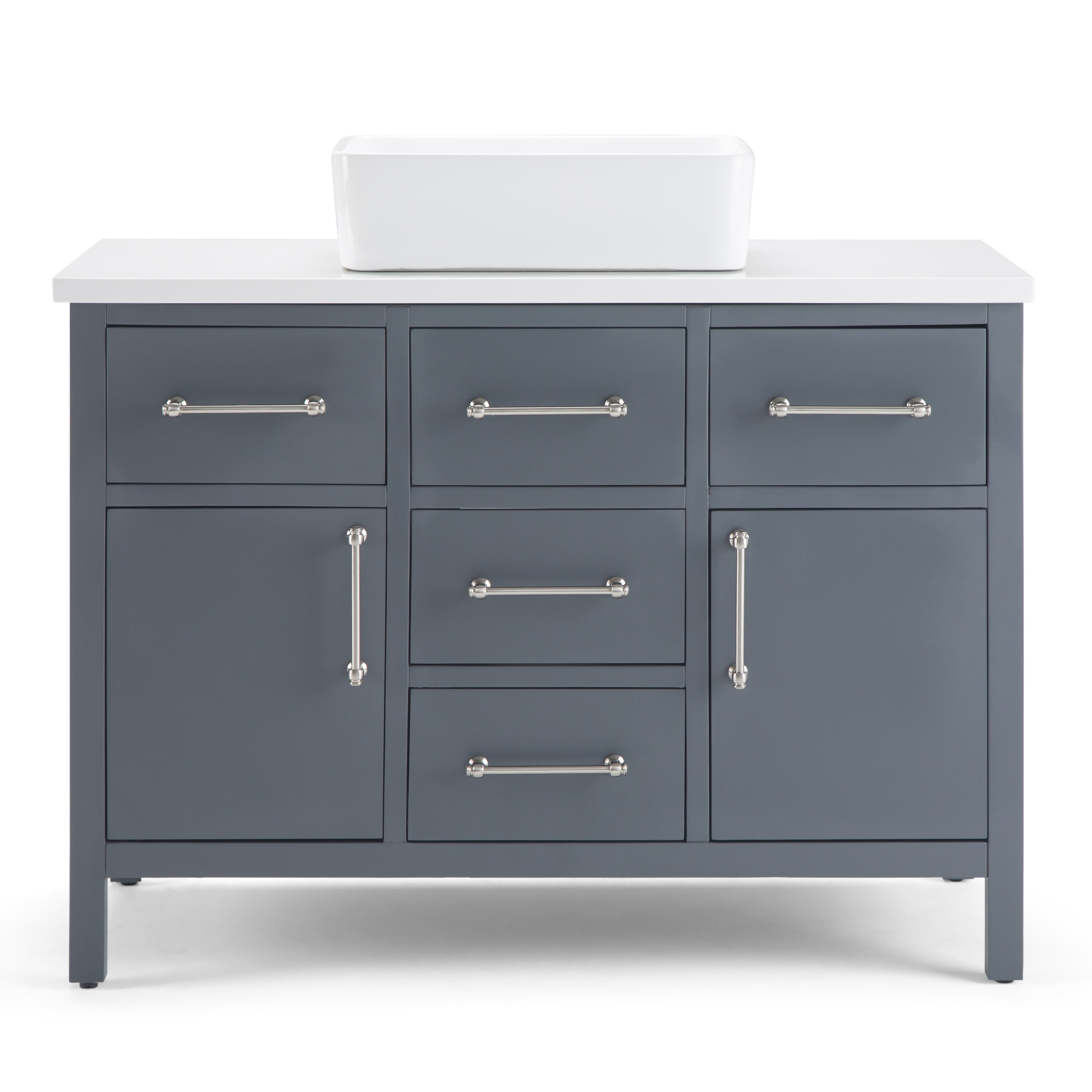 Charcoal grey bathroom vanity with white sink