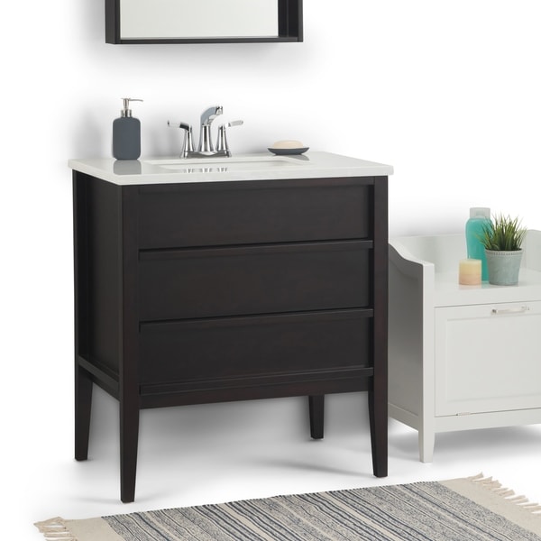 WYNDENHALL Dustin 30 inch Modern Bath Vanity in Dark Walnut with White Veined Engineered Marble Extra Thick Top