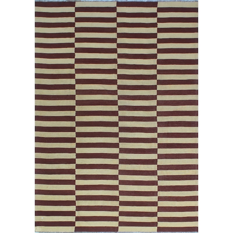 Hand-Woven Winchester Kilim Mckenzie Beige/Burgundy Rug - 6'2" x 8'9"