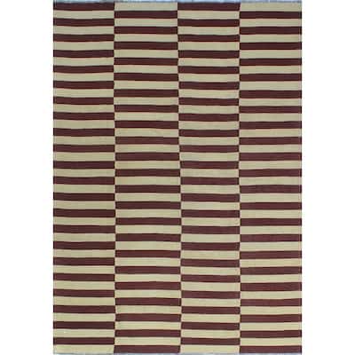 Hand-Woven Winchester Kilim Mckenzie Beige/Burgundy Rug - 6'2" x 8'9"