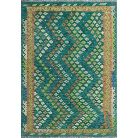 Hand-Woven Sangat Kilim Cinthya Green/Ivory Rug - 6'9" x 9'7"