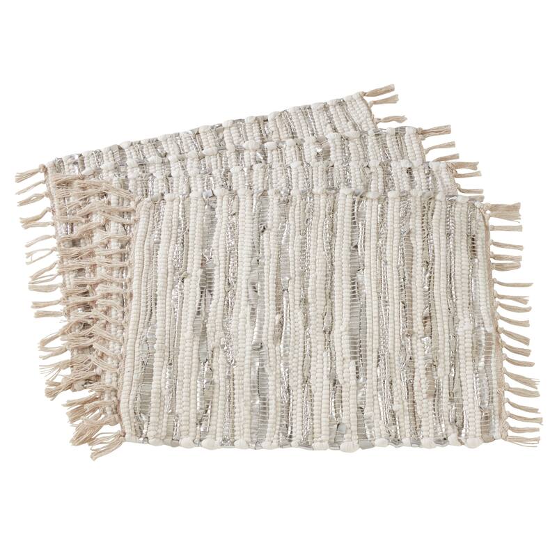 Striped Leather & Cotton Chindi Placemats (Set of 4) - 14"x20" - Silver