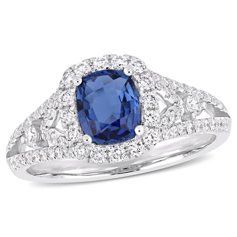 Miadora 14k White Gold Blue Sapphire and 5/8ct TDW Diamond Halo Ring