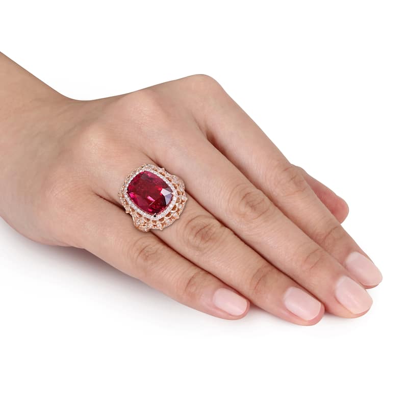 Miadora 14k Rose Gold Pink Tourmaline and 1-1/7ct TDW Diamond Halo Cocktail Ring