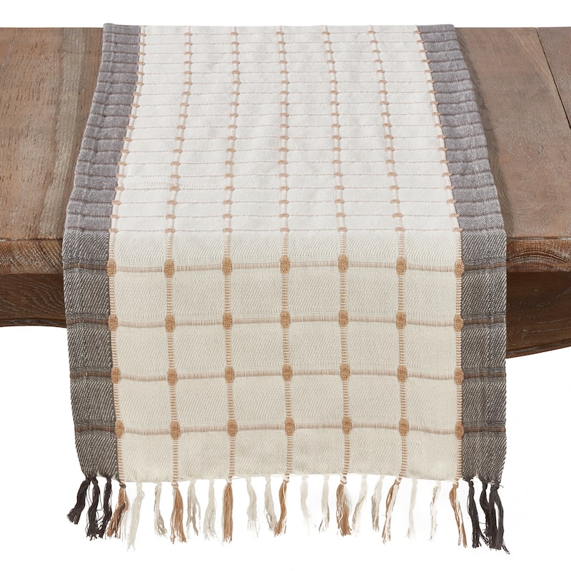 Woven Windowpane And Tassel Design Cotton Table Runner