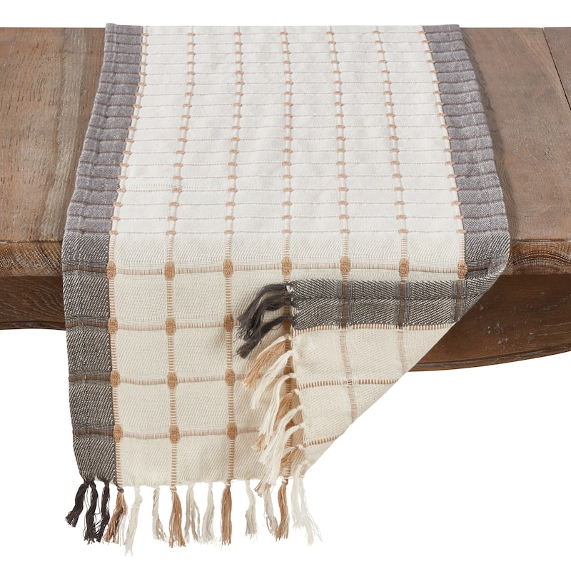 Woven Windowpane And Tassel Design Cotton Table Runner