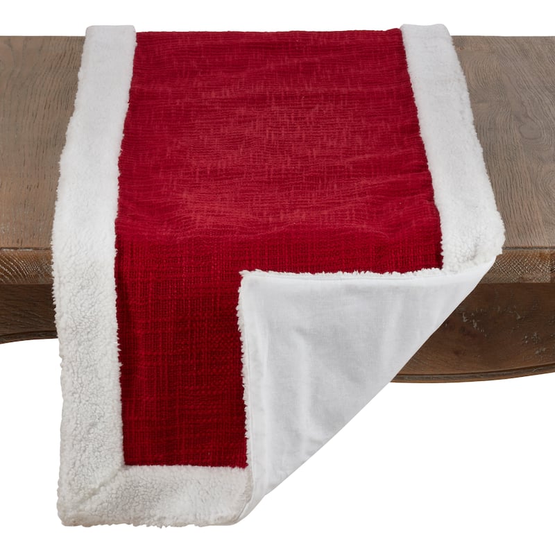 Cotton Red Christmas Runner With Sherpa Edges