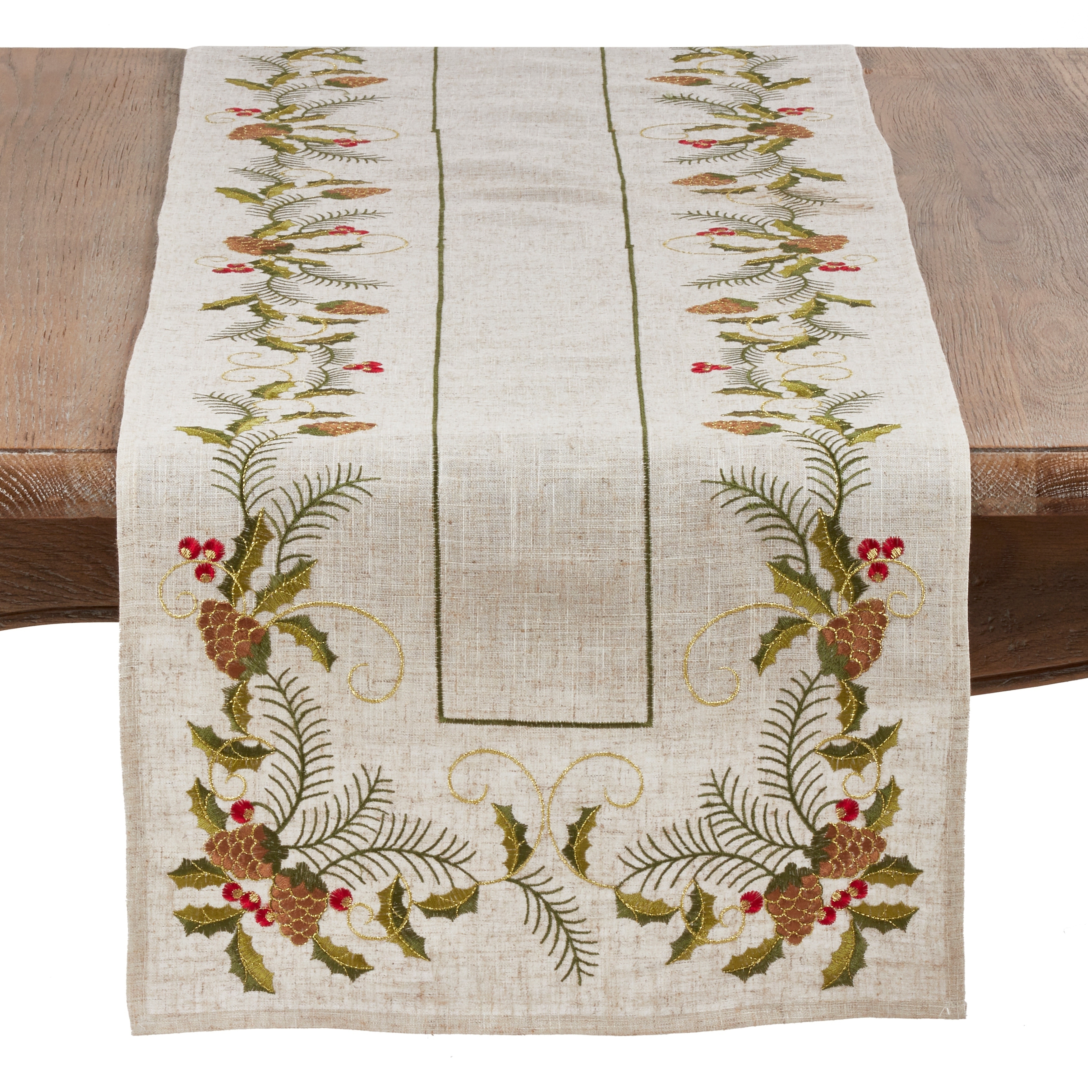 Christmas Table Runner With Embroidered Pinecone And Holly