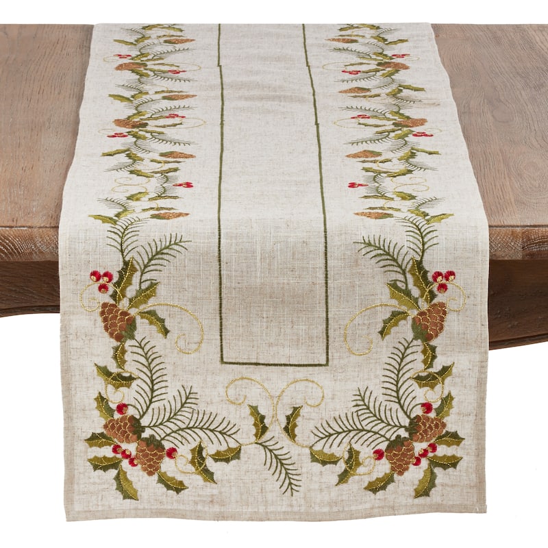 Christmas Table Runner With Embroidered Pinecone And Holly Design