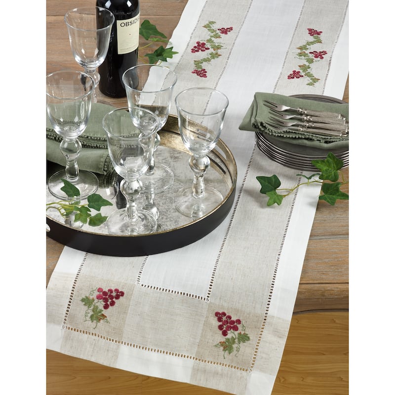 Embroidered Table Runner With Grape Hemstitch Design