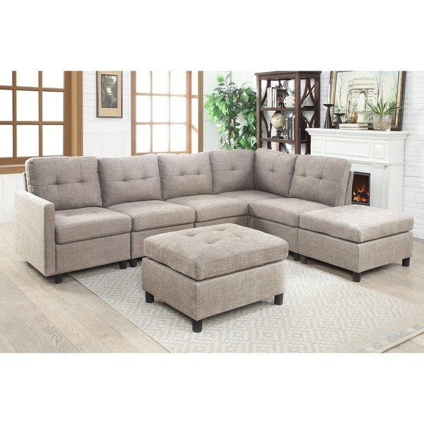 Shop 7pcs Grey Linen Fabric Modular Sectional Sofa - Free ...