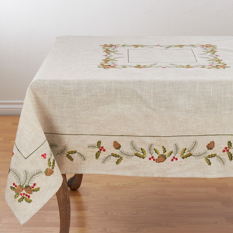 Christmas Tablecloth With Beautiful Pinecone And Holly Print - 67" x 67"