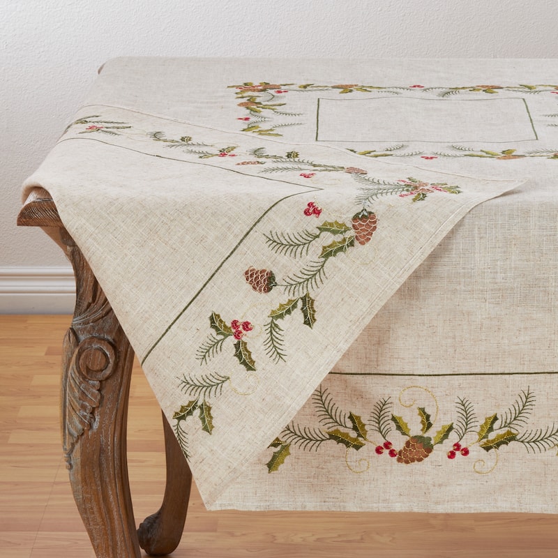 Christmas Tablecloth With Beautiful Pinecone And Holly Print