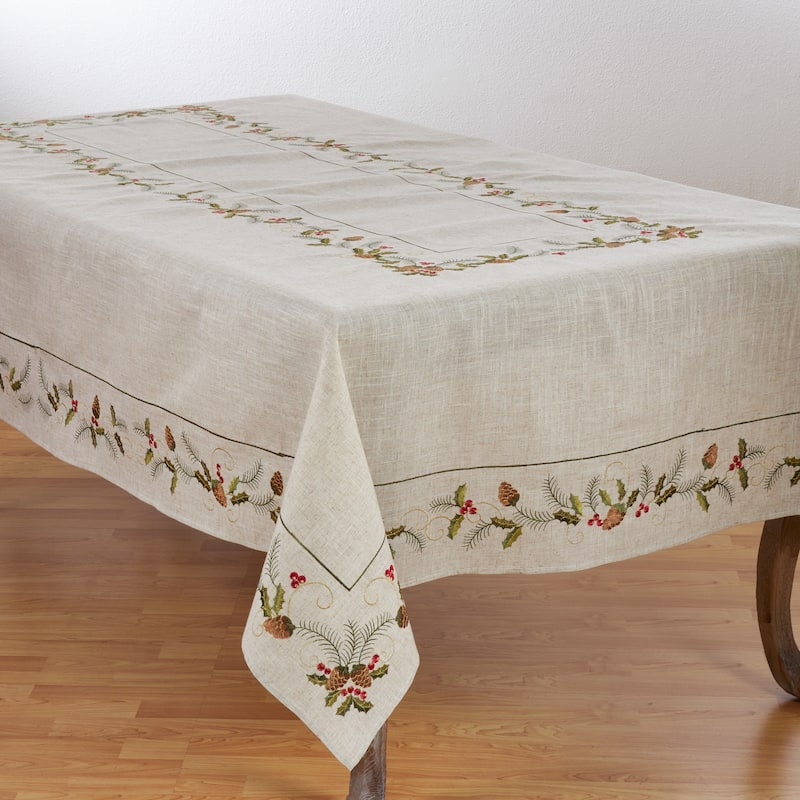 Christmas Tablecloth With Beautiful Pinecone And Holly Print - 67"x120"