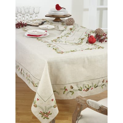 Christmas Tablecloth With Beautiful Pinecone And Holly Print