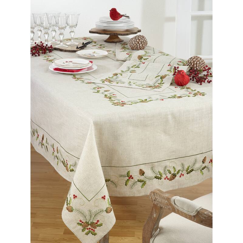 Christmas Tablecloth With Beautiful Pinecone And Holly Print