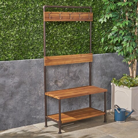 Hansen Outdoor Industrial Acacia Wood Bench with Shelf and Coat Hooks by Christopher Knight Home
