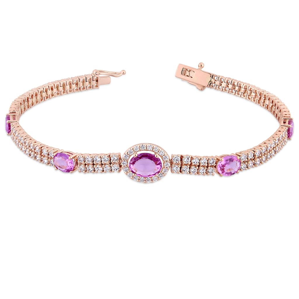 Miadora 14k Rose Gold Pink Sapphire 2-7/8ct TDW Diamond Tennis Halo Stationed Bracelet