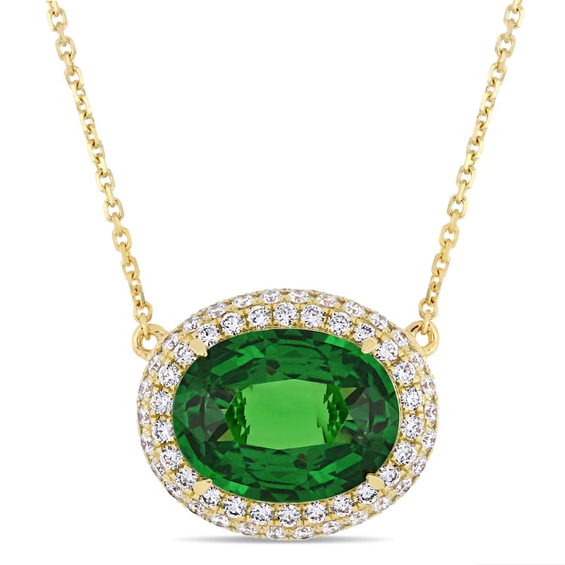 Miadora 14k Yellow Gold Tsavorite 3/4ct TDW Diamond Oval Halo Necklace